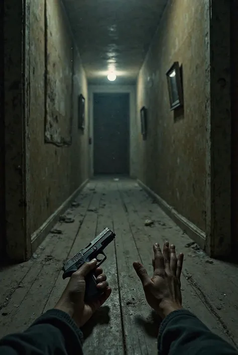 "First-person perspective of a person lying flat on the dusty wooden floor of a dark, narrow hallway inside an old, abandoned house. The character’s hands are fully extended forward, fingers spread wide in desperation, reaching toward a handgun lying just ...