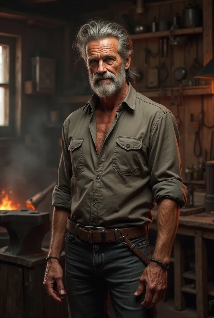 A  old  blacksmith with combed hair.wearing a shirt with rolled up sleeves.in The 1890s.looks like like Jack  palance