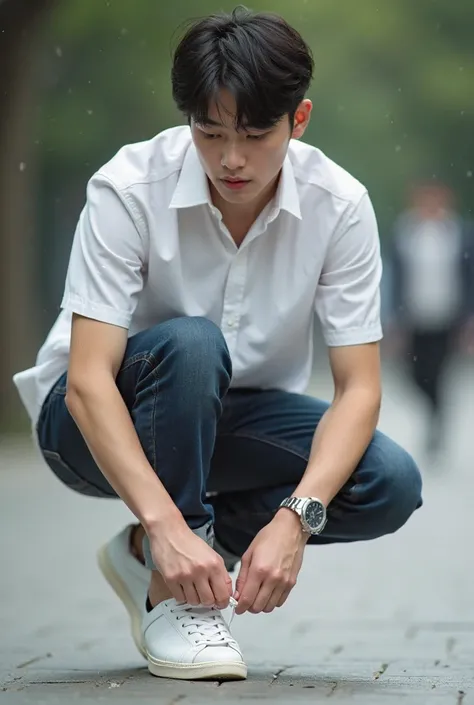 Portrait of a young Korean male university student crouching down, tying his shoelaces. His posture is natural, with well-proportioned arms, hands, and body for anatomical accuracy.

Middle shot, slightly low angle, focusing on the student in a crisp white...