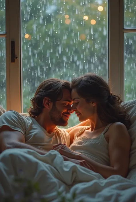 An ultra-realistic lovely couple lying on a bed with the glass window closed and it raining 