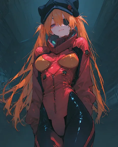  masterpiece, TOP QUALITY,  vibrant, very aesthetic,  latest,  
medium breasts,  Neon Genesis Evangelion、  female 1 person、 、Su Long Aska Langley 、 orange hair、  blue eyes、  eye patch  、 black hat、 red jersey、  red plug suit、( ジャージの内側に  red plug suit)、cowb...