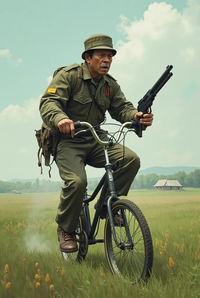 Photo with fields, dirty Asian man in military uniform rides a unicycle with a gun in his hands