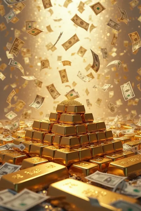 Multiple stacks of gold bars with thousands of dollars falling ultra realistic 