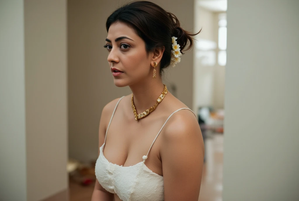 full body shot of a poignant moment in the life of actress kajal aggarwal as a  Indian housewife, captured in soft, natural daylight. She sits on the edge of a simply adorned bed, her body language exuding a profound sense of melancholy. Her torso is half-...