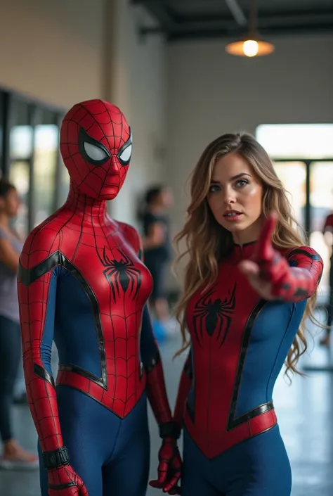 Spidergirl and superwoman are standing together in the fitness room,hands pointing forward,facial expression of wonder and amazement,background people were exercising,door and didnding glass, realistic image ,HD quality,camera full 