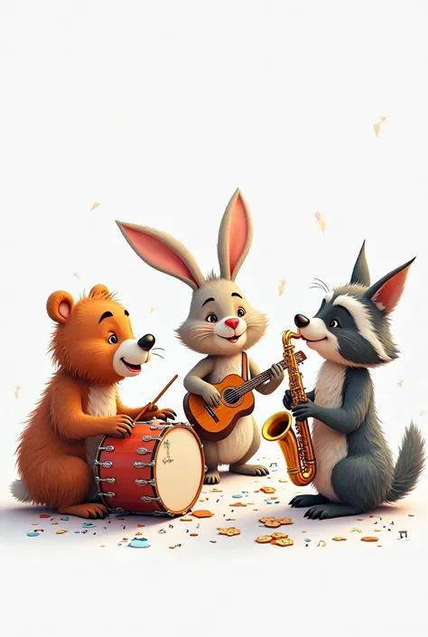 A few animals play musical instruments in a circle，Cartoon hand drawing，white background，super detailed， 8k resolution