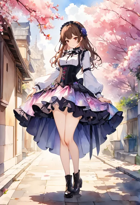 (((nsfw)))、 (((watercolor))), (((gothic))),      tree々Woman standing on a street surrounded by   、  Seductive scene    ,         Decorate with hair accessories         、           The pose is medium length          ,    Wavy brown hair ..。.。Super mini skir...