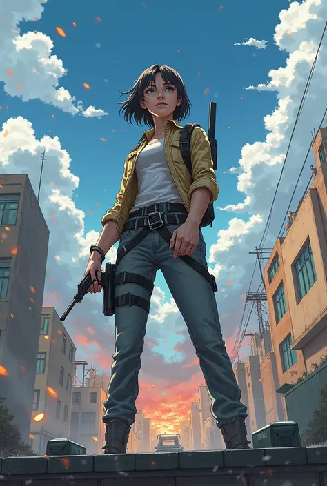 adult woman in work clothes rooftop，1 person，medium hair，cute， anime style，battlefield，gun，Random Shooting