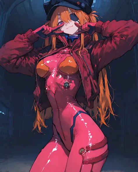  masterpiece, TOP QUALITY,  vibrant, very aesthetic,  latest,  
medium breasts,  Neon Genesis Evangelion、  female 1 person、 、Su Long Aska Langley 、 orange hair、  blue eyes、  eye patch  、 black hat、 red jacket、  red plug suit、( red jacketの内側に  red plug suit...