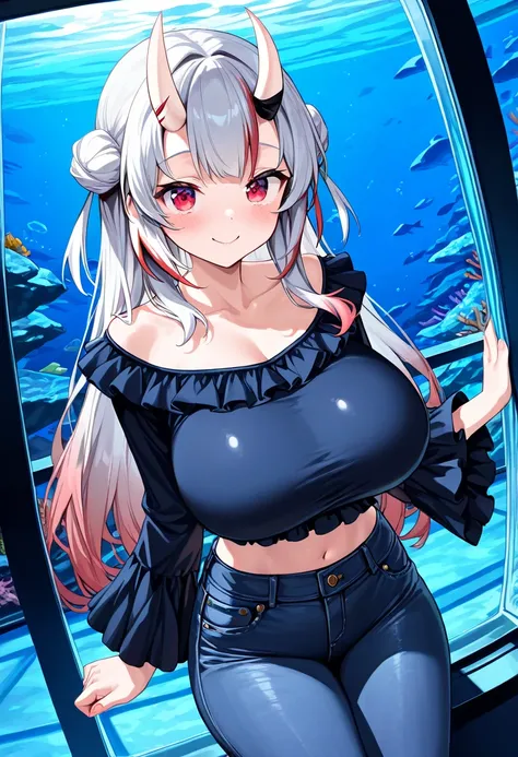 (TOP QUALITY , 8k , masterpiece , incredibly absurdres , perfect body , super detailed skin , highly detailed eyes and face , 1 woman ) ,  nakiri ayame , Silver Hair , red eyes , demon horn , smile ,  will be happy , ( Ruffled sleeve top ,  tight jeans , a...