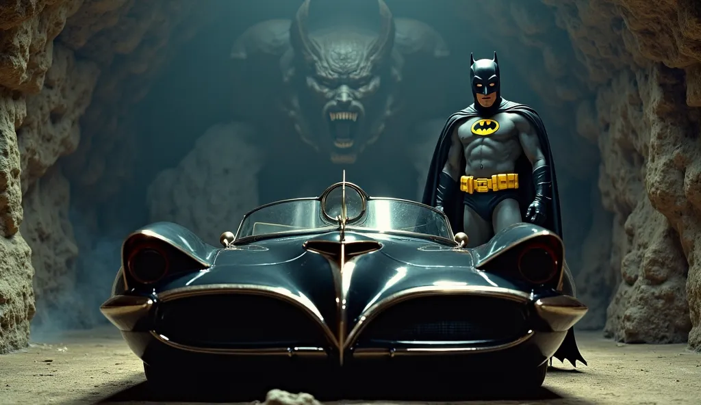 A retro-style Batman in a classic gray and blue costume with a yellow bat emblem on his chest, a black cape, and a utility belt. He is standing confidently in a dimly lit Batcave, illuminated by the headlights of a sleek, vintage Batmobile with a shiny bla...