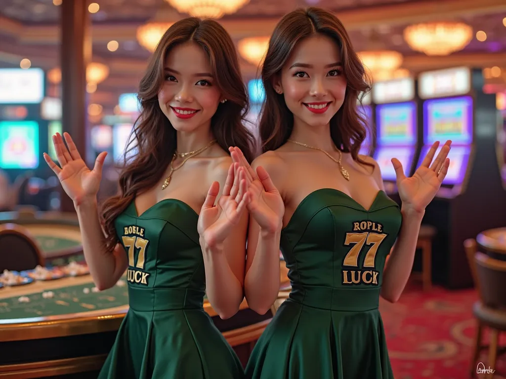 high resolution, Super detailed,Two female models，Wearing a dark green dress，77 luck logo on the dress，Half Body，Waiting for you to play at the Live Casino table，happy，Greeting gestures