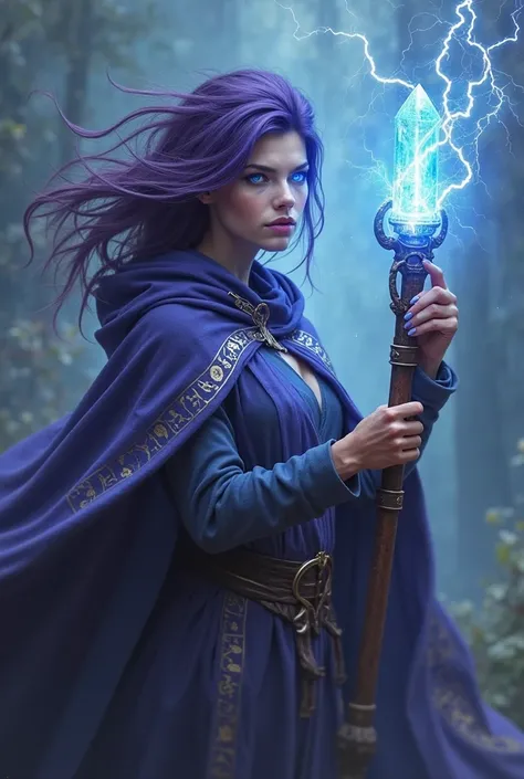 Full body picture of a powerful Stormcaller Mystic floting in air in an intense close-up, her intence froun face illuminated by a crackling arc of lightning dancing across a fingertip. Her glowing, stormy-blue eye radiates raw magical energy, and his expre...