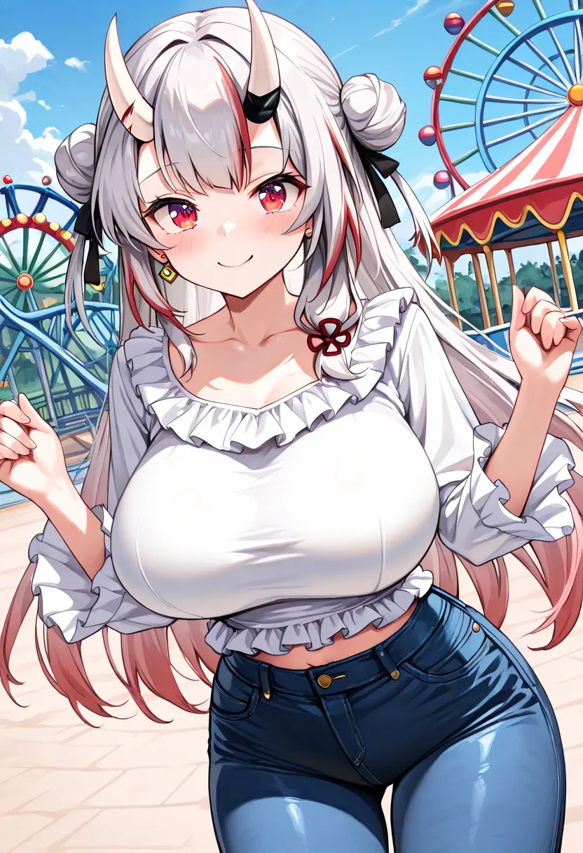 (TOP QUALITY , 8k , masterpiece , incredibly absurdres , perfect body , super detailed skin , highly detailed eyes and face , 1 woman ) ,  nakiri ayame , Silver Hair , red eyes , demon horn , smile ,  will be happy , ( Ruffled sleeve top ,  tight jeans , a...