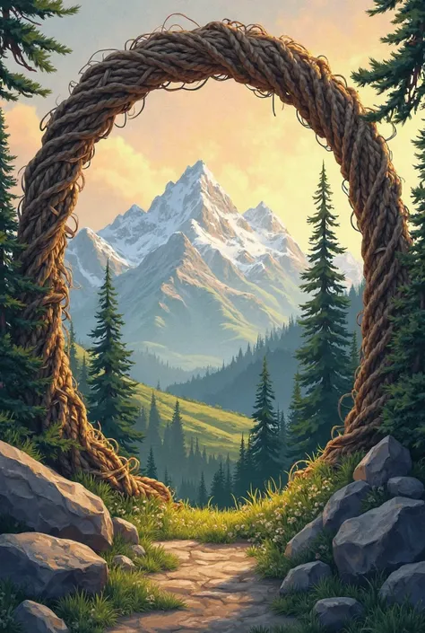 A circular frame with stylized mountains, pine trees and sunset in warm tones. THE CIRCLE IS A ROPE