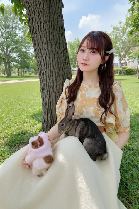 "A gentle and serene scene where a woman sits comfortably on a grassy patch under a shaded tree. A rabbit, a kitten, a sleepy bird, and a squirrel are curled up on her lap, napping in the cool shade. The light coming through the leaves creates a soft, dapp...