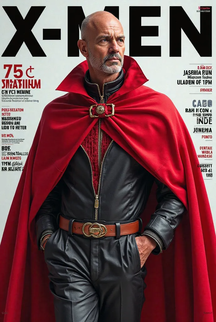 Create the cover of a fashion magazine with Magneto X-men real hyperrealistic Hyperrealism as the protagonist of the cover and with background texts as if it were a real magazine.  outfit.  hyperrealism. live action magazine. Magazine cover. Fashion magazi...