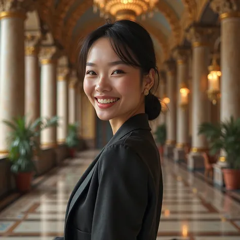 image réaliste du publicité des jeans et du cuire dans une grand salle vaste et lux ,une belle mannequin hot de taille japonaise avec avec un grand sourire et des dent très belle