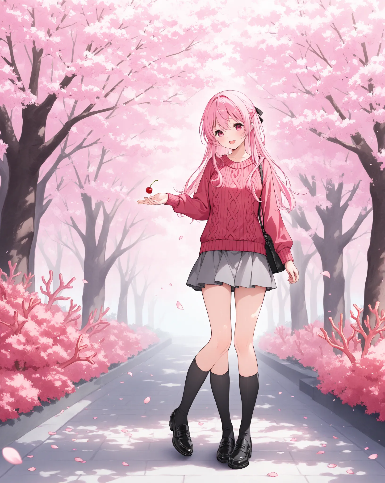 Standing in front of a cherry tree、 Petals dance 、plain round neck knit、coral pink 3/4 sleeve short sweater、 grey short skirt、black knee socks、black thick soled shoes