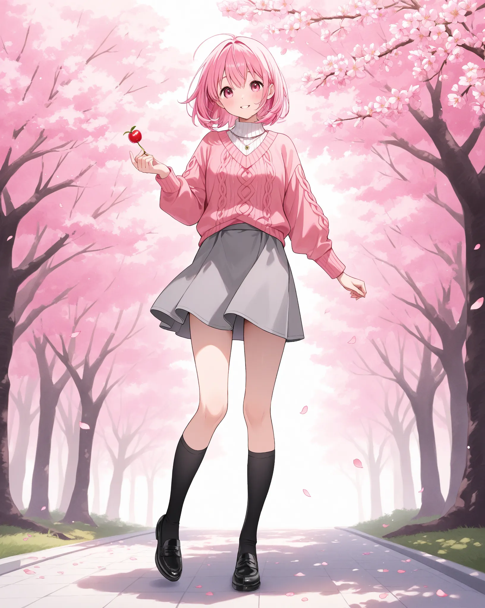 Standing in front of a cherry tree、 Petals dance 、plain round neck knit、coral pink 3/4 sleeve short sweater、 grey short skirt、black knee socks、black thick soled shoes