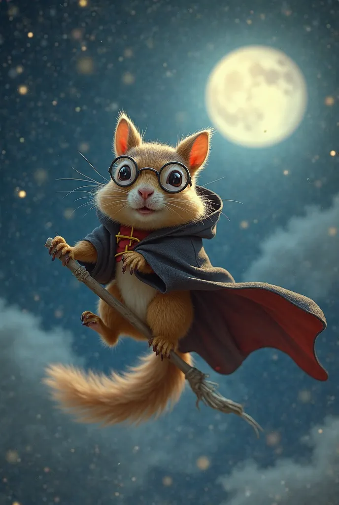 squirrel wearing a Hogwarts-style wizard robe and round glasses, soaring through the sky on a small wooden broomstick. Its tiny paws grip the handle tightly as the wind ruffles its fur. The background features a magical night sky with twinkling stars and a...