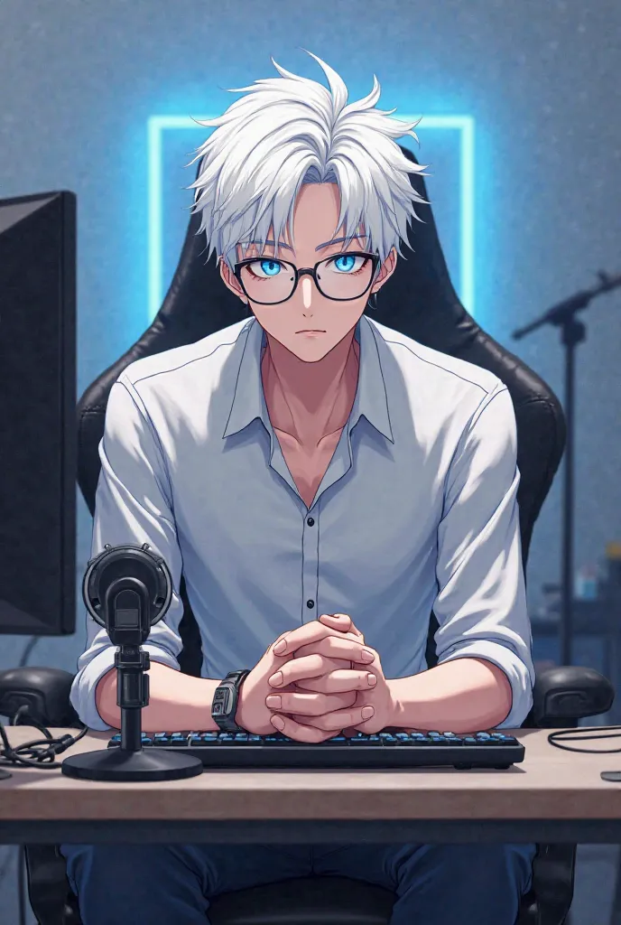 can you creat me an anime character 25 year man with white hair blue eyes wearing a glasses infront of gaming table were there are mic and make the characere is looking into the camera 