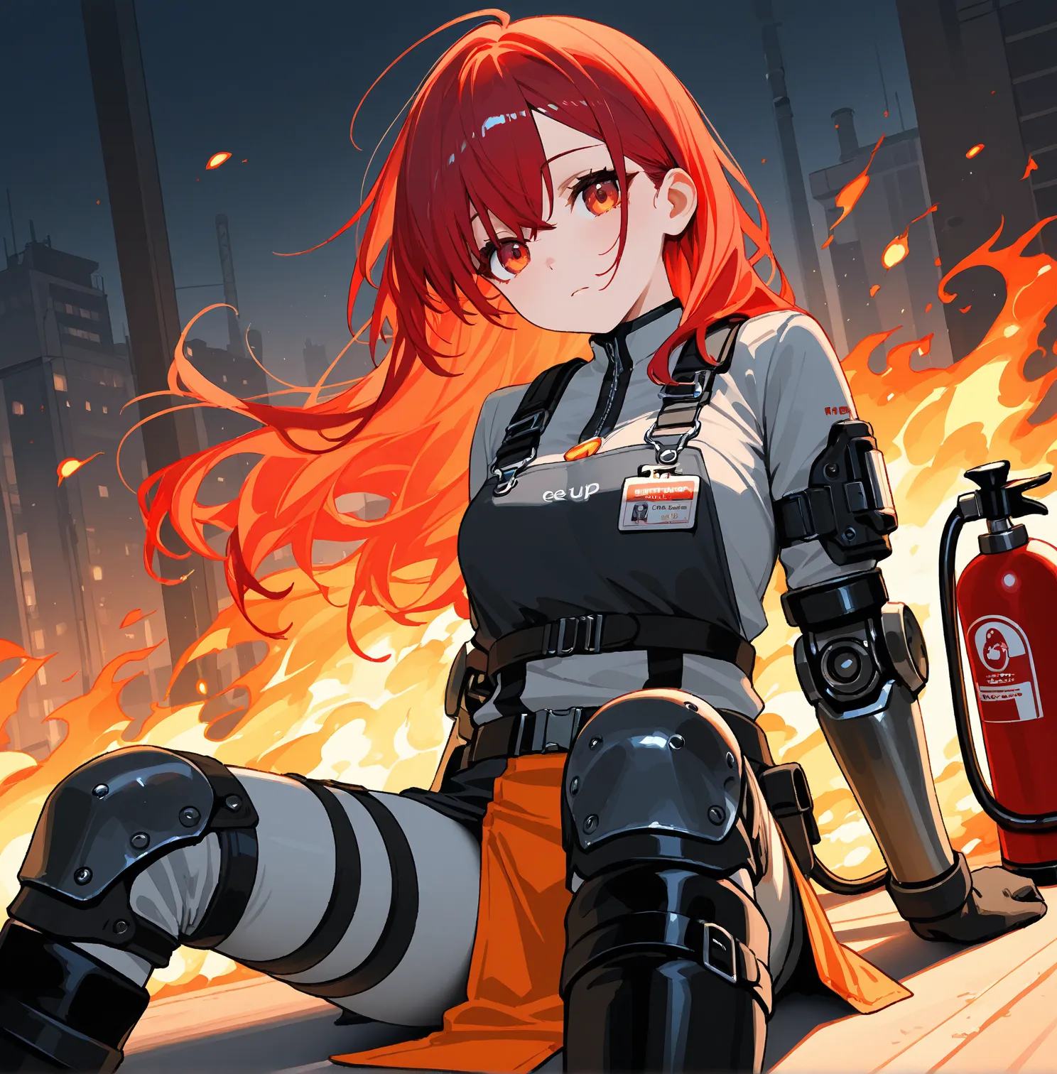  score_9,  score_8_up,  score_7_up, ( masterpiece, TOP QUALITY:1.5), Alone, Ultra High Definition, （extinguisher）、TOP QUALITY、very detailed、Red hair shaped like flames、The face is made up of metal cylindrical parts、Several small protrusions on the eyes、The...