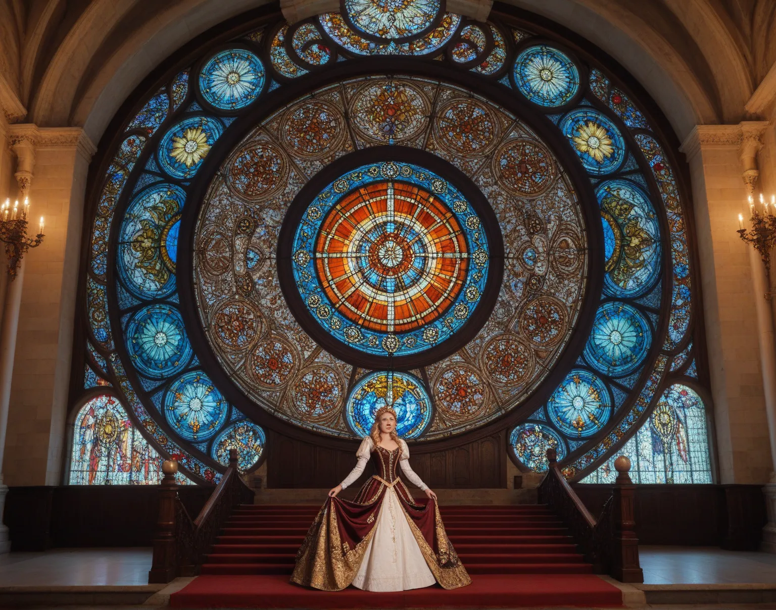 Ethereal stained glass fashion designs in a kaleidoscope of colors dance against a soft, blurred cityscape at dusk, where medieval grandeur meets modern flair. A fusion of ancient craftsmanship and contemporary style, the intricate patterns evoke the ornat...