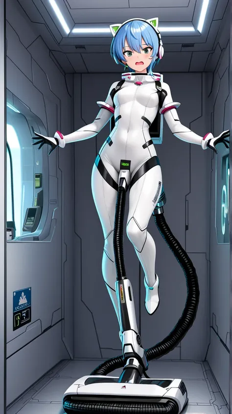 1girl,light blue hair,short hair,green eyes,solo,she in white sleek bodysuit with black joint and gray joint accents,floating midair in zero gravity,from front view, looking at the viewer with a flustered expression,open mouth,wide eyes,wearing cat-ear hea...