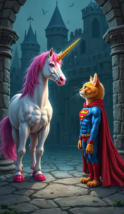 Create a realistic drawing of a COLORFUL ADULT UNICORN APPROACHING A MUSCLE ADULT ORANGE CAT WEARING A SUPERMAN COSTUME. The background is inside a spooky castle at night. Additional:Create images CONSISTENTLY 