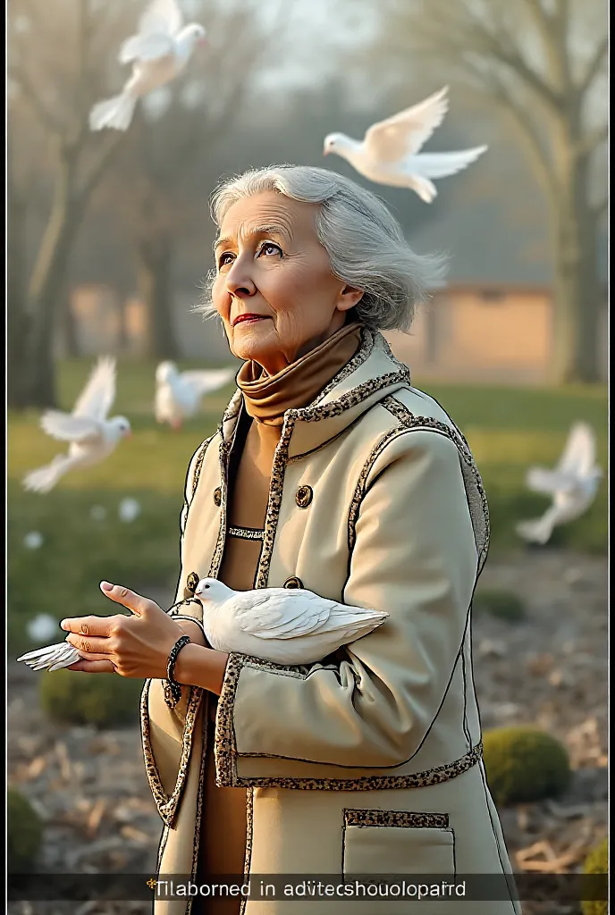 an elderly woman in a light leopard fur coat holding a dove, doves are flying in the background