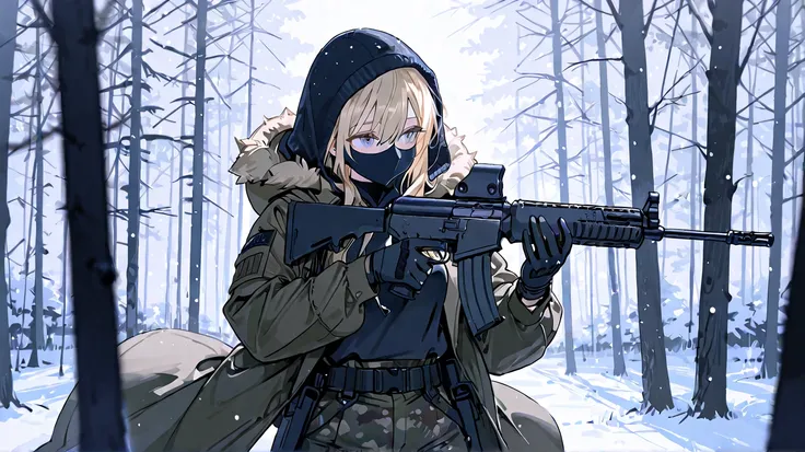 score_9, score_8_up , score_7_up , score_6_up , score_5_up , score_4_up ,  1girl , very short,  Gold, blue eyes t , balaclava,wearing a black hoodie,military modded coat with fur hood over hoodie,golden fur hood,camo military pants, black gloves,soldier,so...