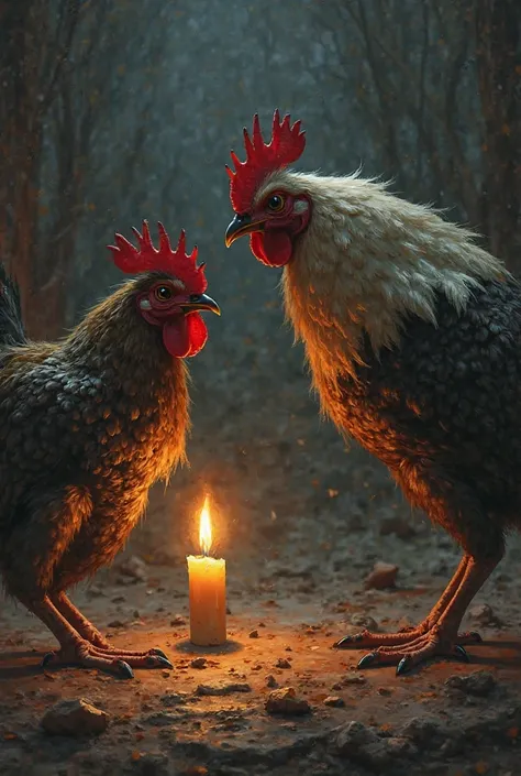 Thin rooster fighting in a candle