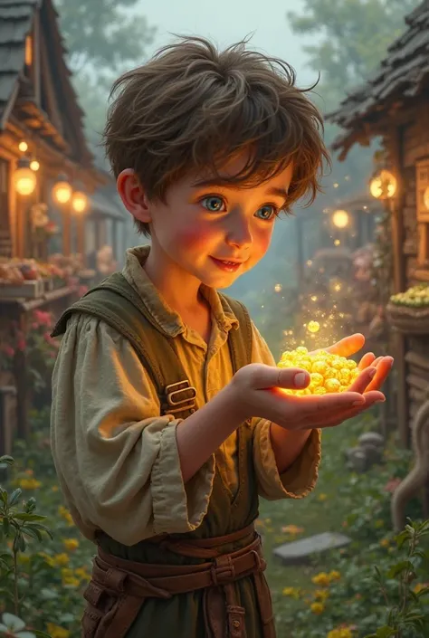 Jack Receiving the Magic Beans – A young farmer boy, Jack, wearing simple clothes, holds a handful of glowing, magical beans in his palm, looking at them with curiosity. The background shows his small cottage and a market scene.