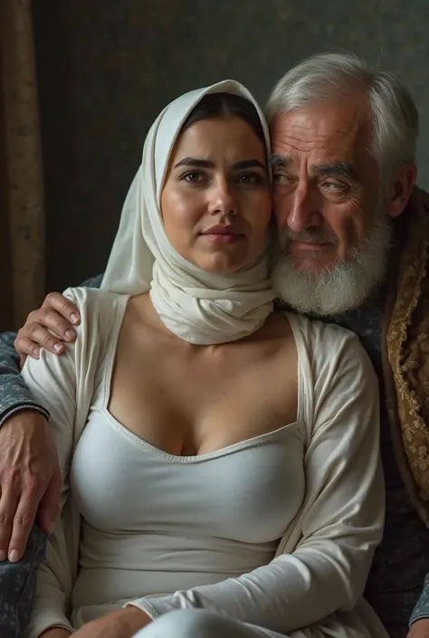 A voluptuous busty young iranian muslim woman of age 24 wearing white tank top which shows her cleavage and a hijab and sitting on the lap of an old Muslim who puts his face on her busty chest and the woman puts her hand over his shoulder The woman has a c...