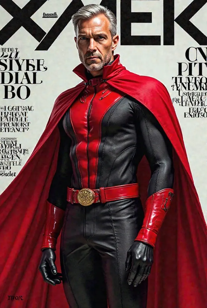 Create the cover of a fashion magazine with Magneto X-men real hyperrealistic Hyperrealism as the protagonist of the cover and with background texts as if it were a real magazine.  outfit.  hyperrealism. live action magazine. Magazine cover. Fashion magazi...