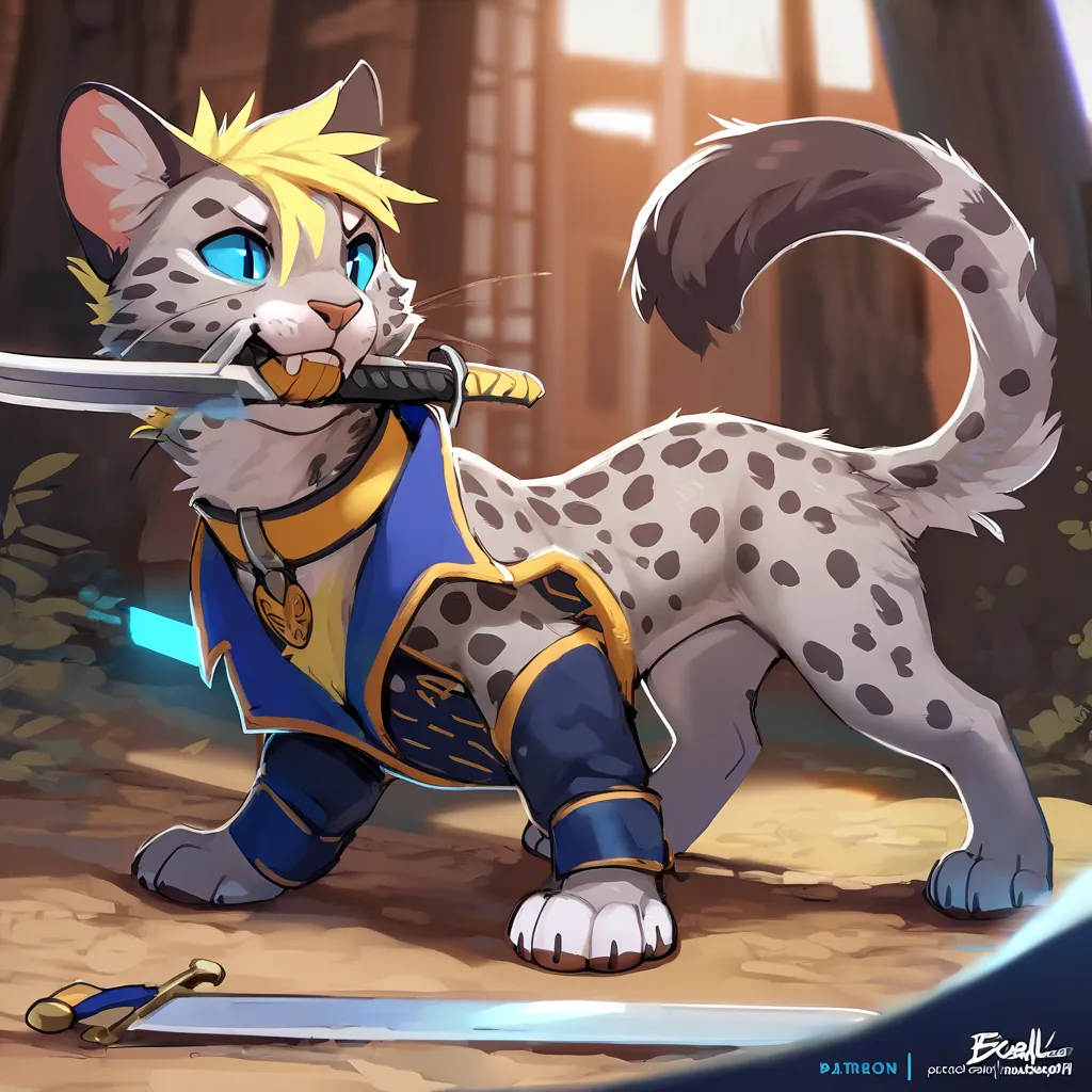 solo, (Fully feral), full body, Dark_Grey Savannah Cat, (Two-Tone Dark-Grey and white Fur, Black savannah cat_Print on their body:1.2), blue sclera eyes, (pastel_Yellow Hair on their head), very cool fighting expression, hissing exposing their fangs, nsfw,...