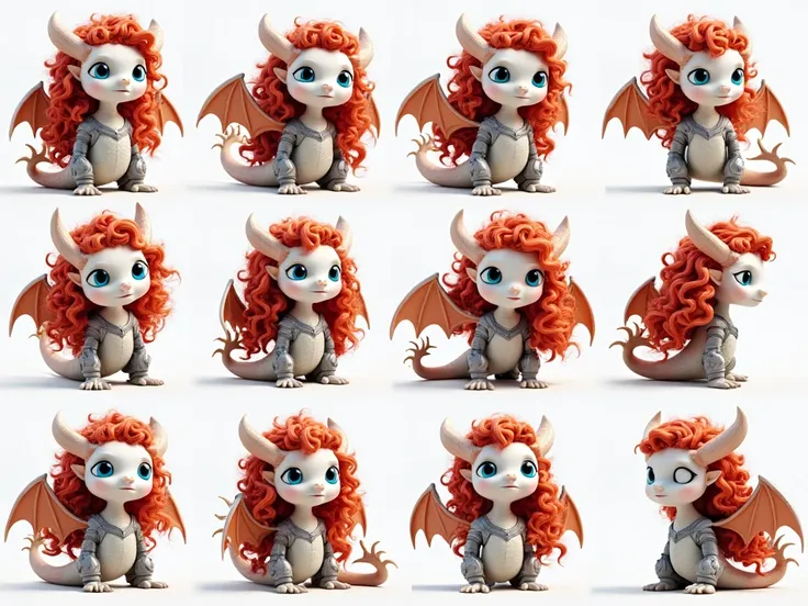 The sheet is divided into 12 identical cells. Homogeneous white background. Attractive white dragon girl with big shiny blue eyes, long red curly hair and dragon wings wearing knightly armor. 12 different poses and facial expressions of the same size indiv...