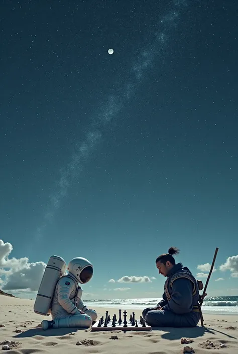 An astronaut plays chess with a samurai warrior on a deserted beach during a full moon night.