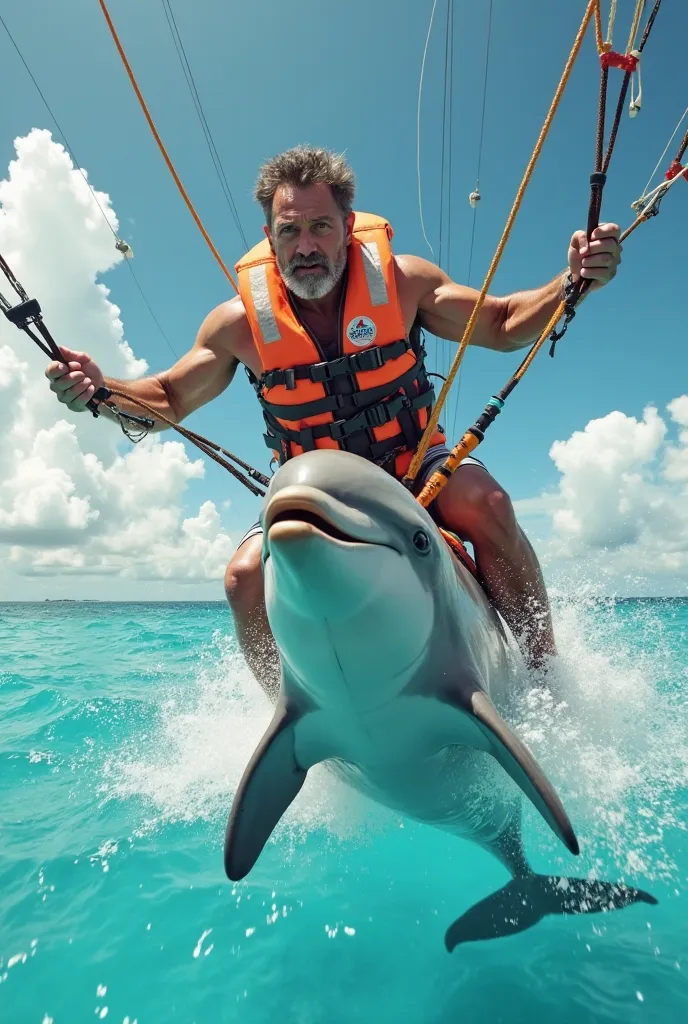 Create a man who paraseils with a life jacket attached to a dolphin