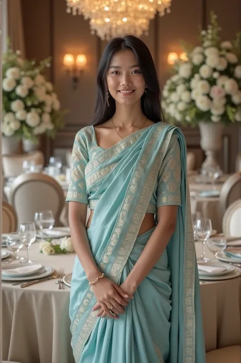 image of  a young 23-year-old Nagaland female standing in a luxurious dining room. She is wearing a traditional Indian saree in a light blue color with a matching blouse. The woman has black simple straight hair and is looking straight with a happy express...