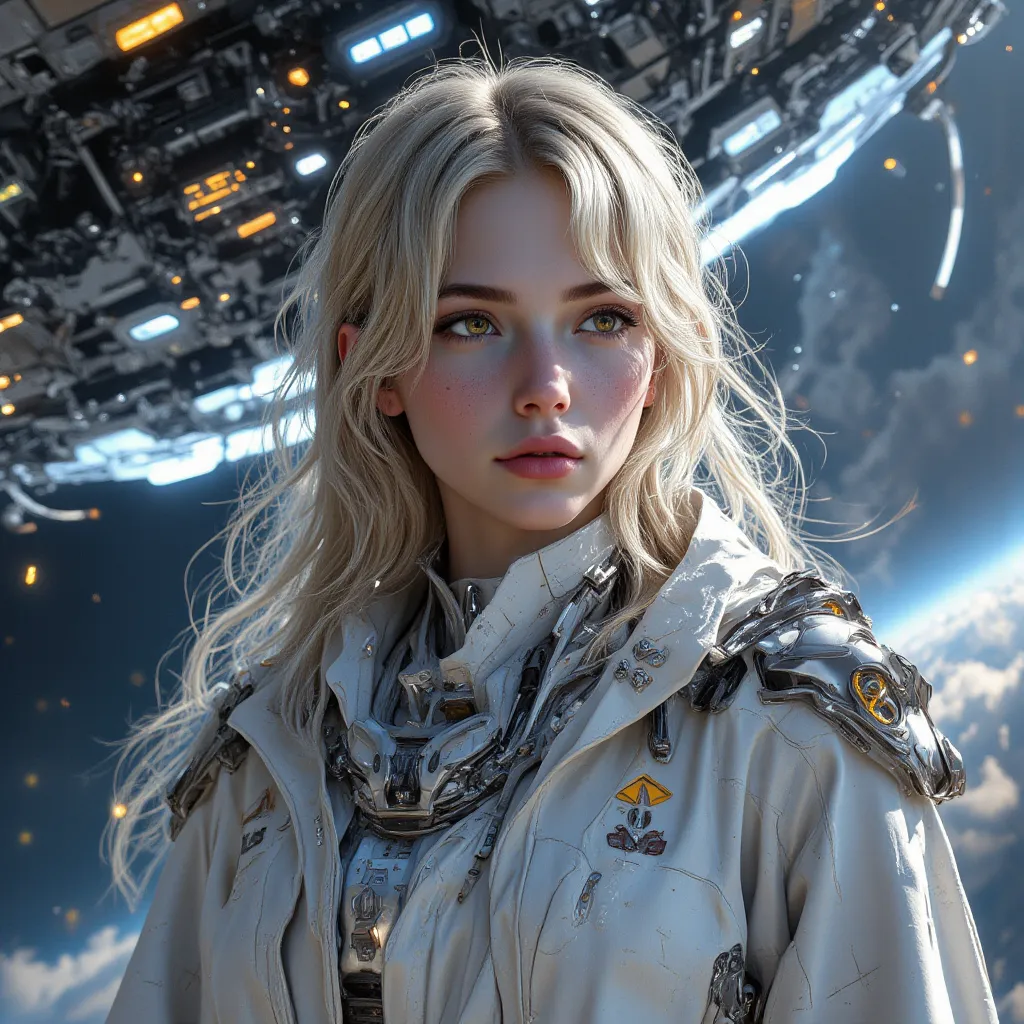 (YOUNG GIRL, ,  blond hair, Photorealistic, pale skin), (  yellow (eye:1.2)), ( slim figure:1.3), (fantasy space suit),  beautiful face,  left and right name color, Greg Rutkowski, wlop and Sam Kuvshinov, ( long hair), Blonde eyelashes,  large iris ,  Larg...