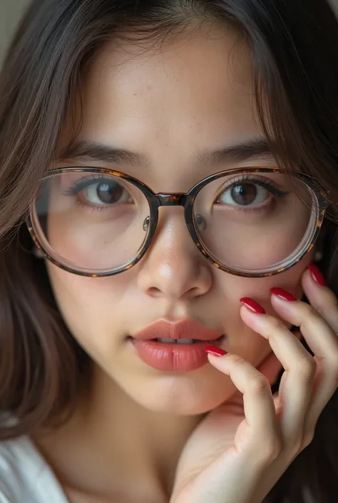 A beautiful woman with an Indonesian face,  has big , sexy eyes,  uses glasses , and is holding her tender pussy
