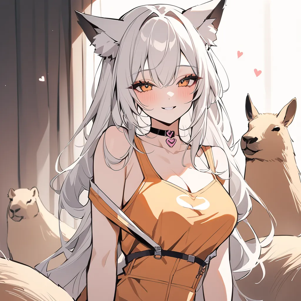 , zoo keeper々）, sexy smile beauty, heart shaped choker, (masterpiece, highest quality), capybara art, beautiful and aesthetic: 1.2), (1 girl), very detailed, (cute zoo art: 1.3), white colorful, white long hair、fox ear, overalls orange dress, half body, cl...