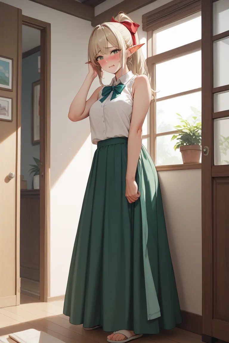 Elf、ponytail、Oversized ribbon 、sleeveless shirt、long skirt with low skin exposure、innocent appearance、Embarrassed、Private room、room、skirt raised、panties