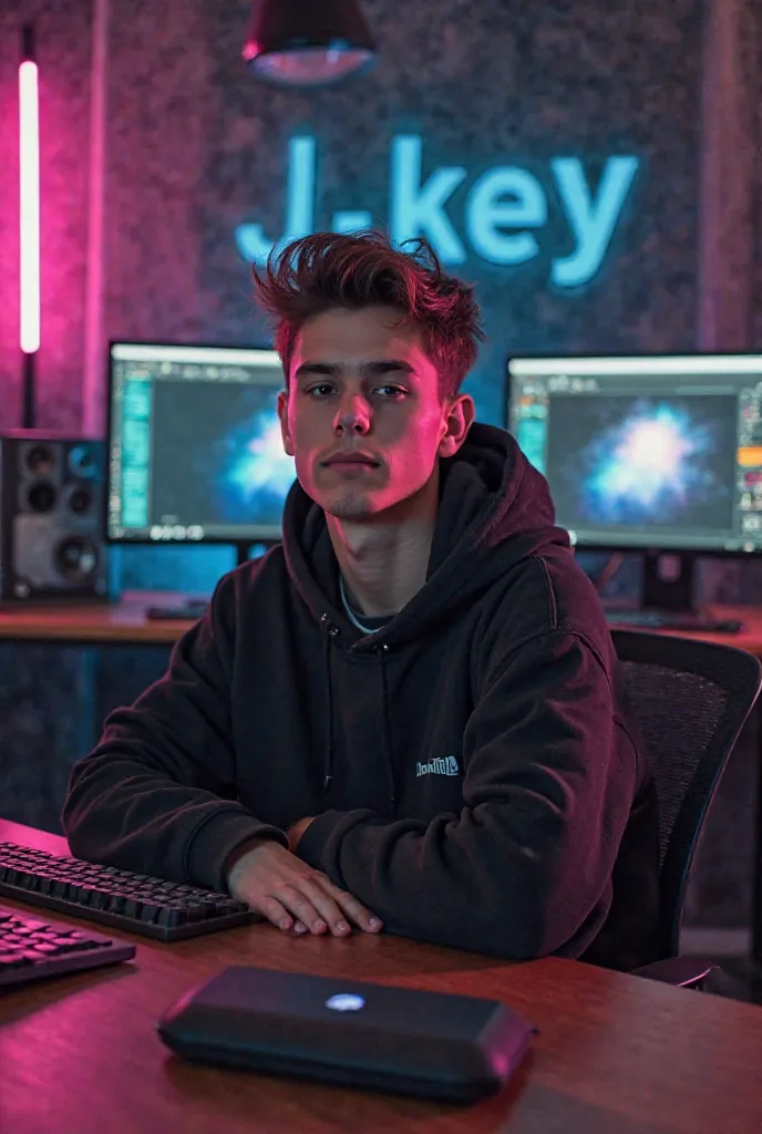 Generate an 18 years old boy is in YouTube studio some dynamic lights in background and on the face he is sitting on a chair and he wear a hoodie a table is front of his the apple products are on the table and J-key TecHy written in background 