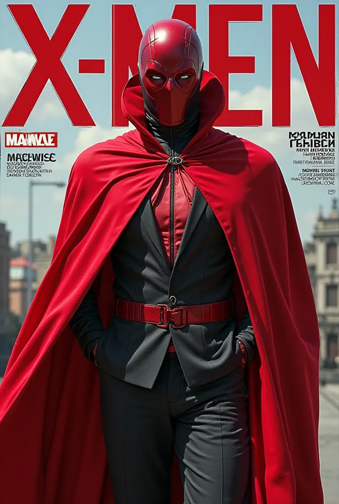 Create the cover of a fashion magazine with Magneto X-men real hyperrealistic Hyperrealism as the protagonist of the cover and with background texts as if it were a real magazine.  outfit.  hyperrealism. live action magazine. Magazine cover. Fashion magazi...