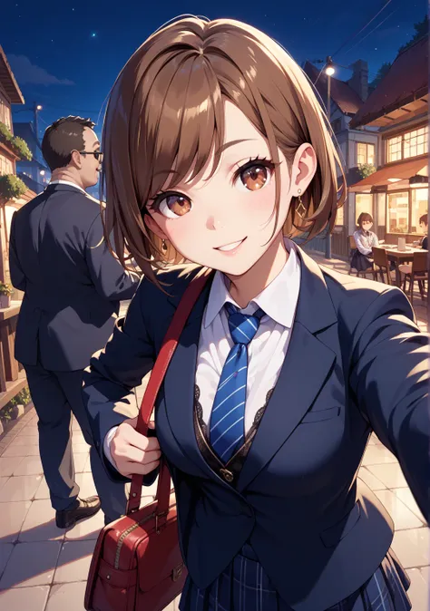 Selfie,one girl, suit, skirt,night,Town,short hair,brown hair, brown eyes, swept bangs,bag, Selfies,In front of the restaurant, tie, The fat old man in the background is looking this way