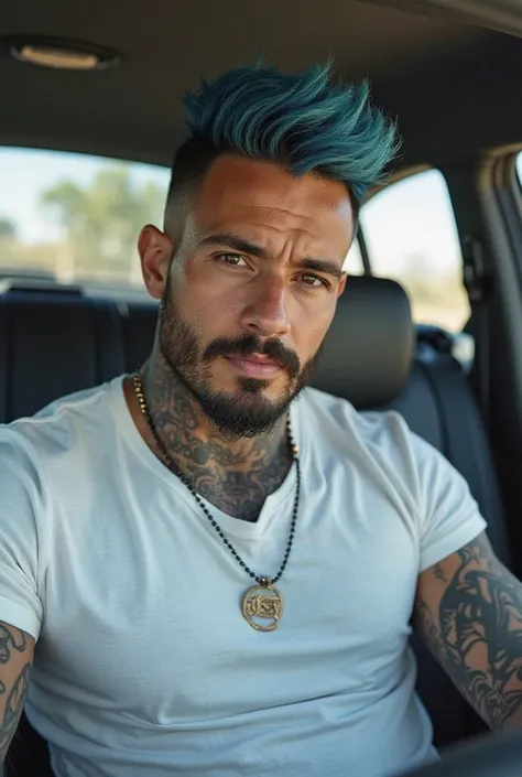 Full body. Very Short blue hair in a high fade style disheveled. Italian style moustache and beard. Defined jaw. Muscular. Tattoos. Dentro del coche. Reloj dorado en su muñeca. Vestido con camiseta básica blanca y una americana negra abierta. 