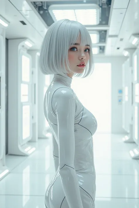 Photorealistic. Full frame shot. Pure white room of a space station. Large monitors hanging on the walls clearly displaying the word "DARSAI". The entire space is white and inorganic, but bright white lights are hung everywhere. Silence. 25th century. Beau...